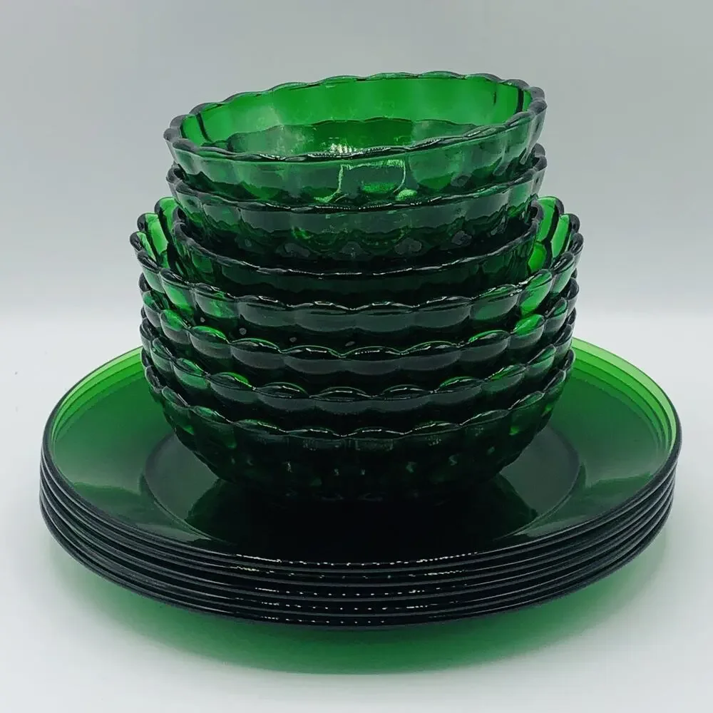 Vtg Anchor Hocking Forest Green Burple / Bubble Glass Bowls And Plate Set